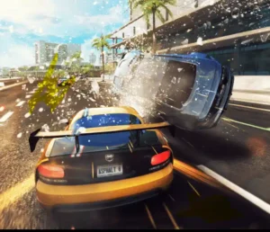 Asphalt 8 Airborne gameplay screenshot showing high speed car racing and nitro boost action