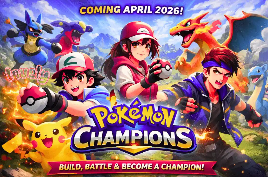 Pokemon Champions game poster showing Ash, Pikachu and other trainers in battle, April 2026 release