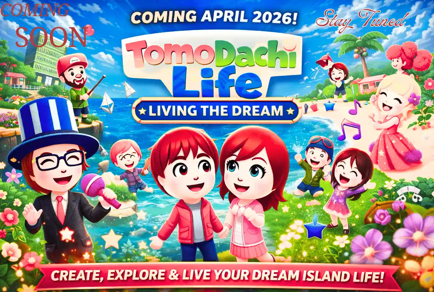 Tomodachi Life: Living the Dream game poster with colorful Mii characters enjoying island life, April 2026 release