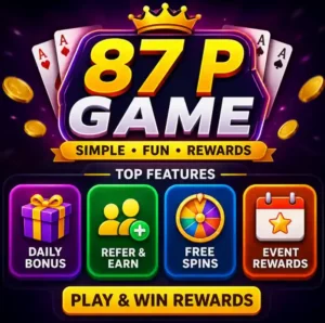 87 P Game APK download interface showing money earning games, bonus rewards and secure wallet features for Android users in 2026