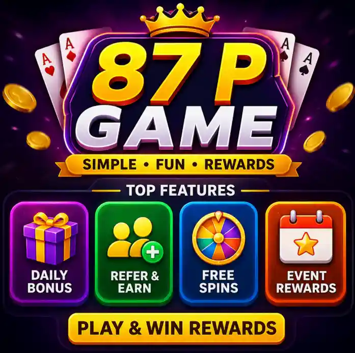 87 P Game APK download interface showing money earning games, bonus rewards and secure wallet features for Android users in 2026